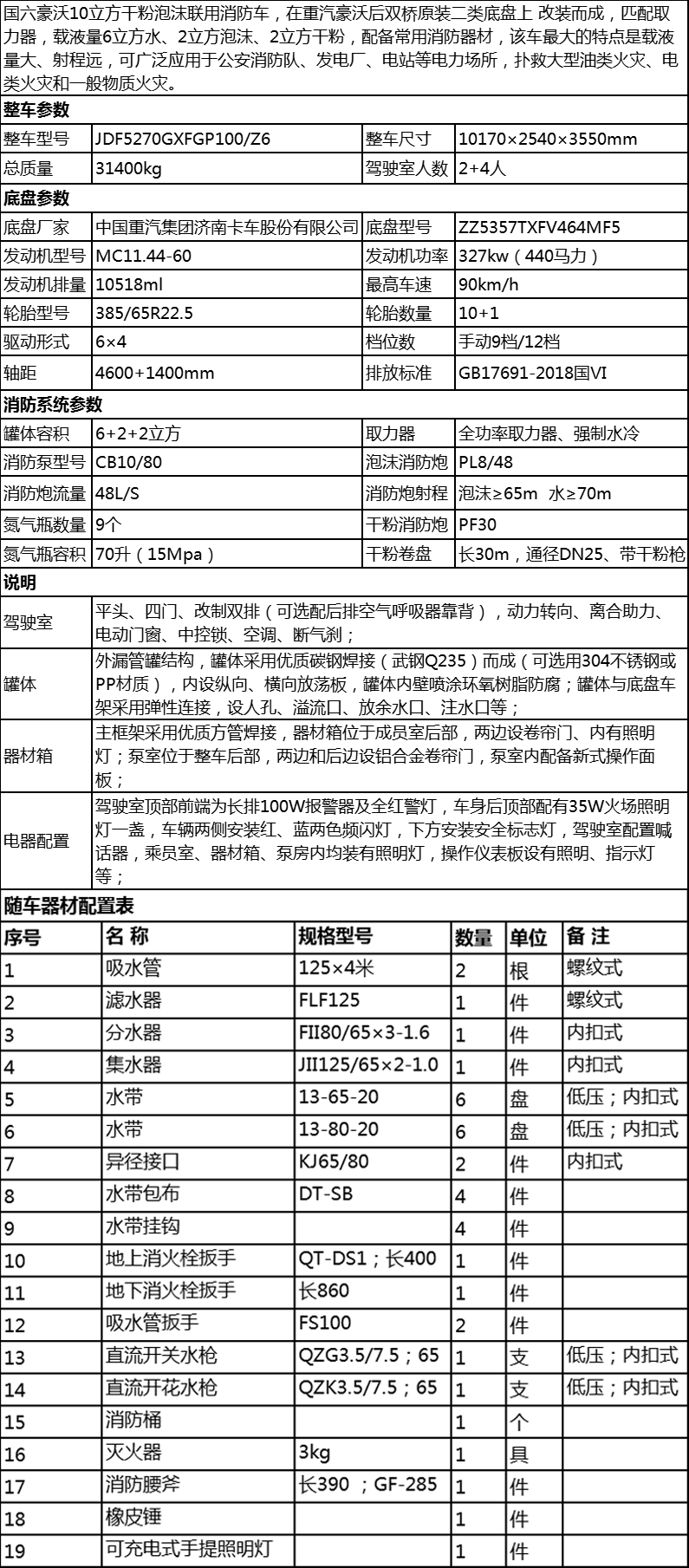 國六豪沃后雙橋干粉泡沫聯用消防車